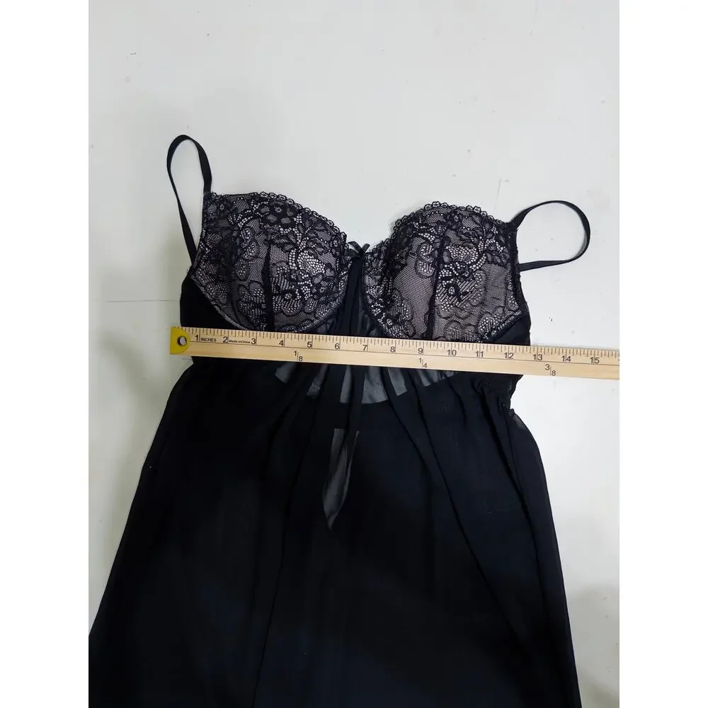 Black lace‎ women's babydoll lingerie sheer mesh coquette romantic feminine